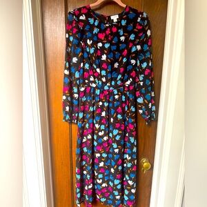 J CREW long sleeve midi dress with multi color petals on black background